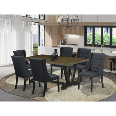 7 Piece Dining Table Set - 6 Black Linen Fabric Kitchen Chairs Button Tufted with Nail heads and Distressed Jacobean Dining Room Table - Wire Brush Black Finish