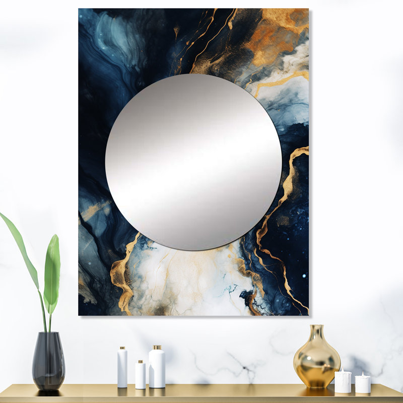 Kalayah or et bleu abstrait peinture de marbre II - miroir en marbre, miroir mural moderne unique, art imprimé en métal