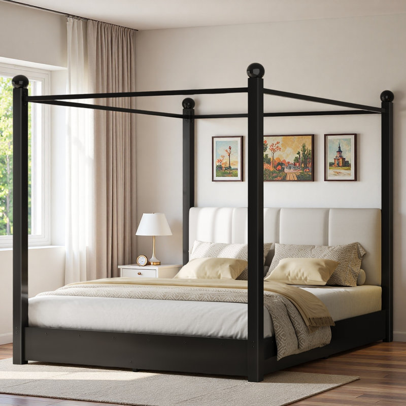 Lit plateforme à baldaquin avec tête de lit tapissier et structure en métal, Queen, Black