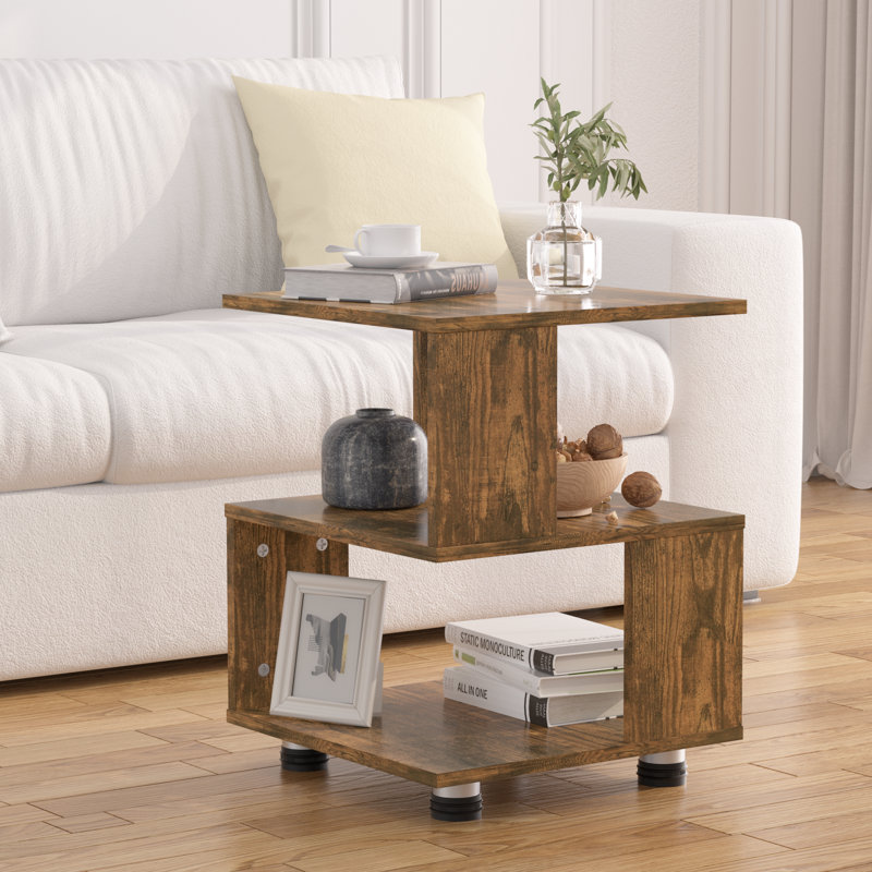 Table de chevet cubique à 3 niveaux, table de bout asymétrique en bois manufacturé avec patins anti-rayures, table de chevet en bois naturel pour petites chambres