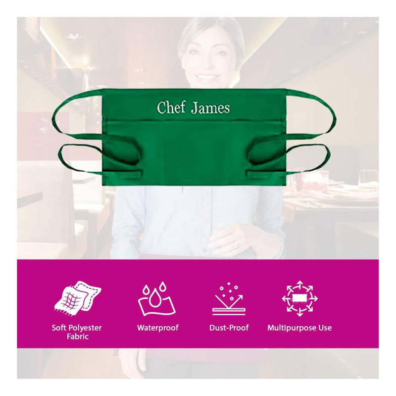 Tabliers de service personnalisés avec 3 poches - Tablier taille avec nom - Demi-tablier personnalisé, Vert, Oui