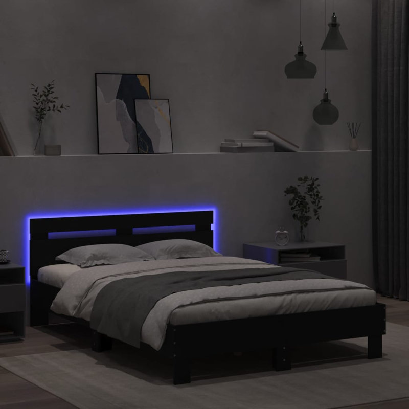 17 Stories Bed Frame With Headboard And LED Small Double, Black, UK Small Double - 120 x 190 cm