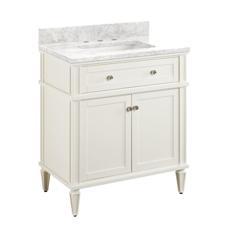 Elmdale 30" Freestanding Mahogany Single Basin Vanity Rectangular Undermount Sink, White, Carrara Marble, 8" Centers