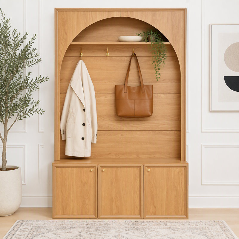 Arbre d'entrée tout-en-un avec tablettes réglables, banc de rangement pour hall d'entrée arqué rétro avec 3 armoires, Naturel