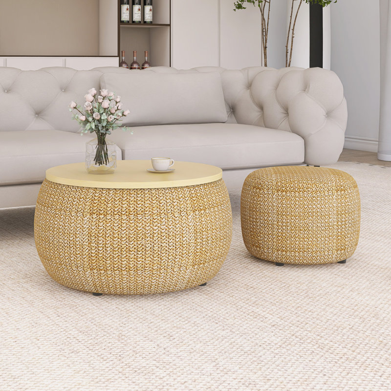 Round Storage End Table With Small Seat, Natural, Natural