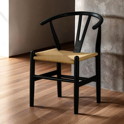 Black Mid - Century Modern 2 Piece Side Chair With Woven Rope Seat, Solid Rubberwood Base And Curved Back For Bedroom Comfort Contemporary Wood Chairs , Seating,