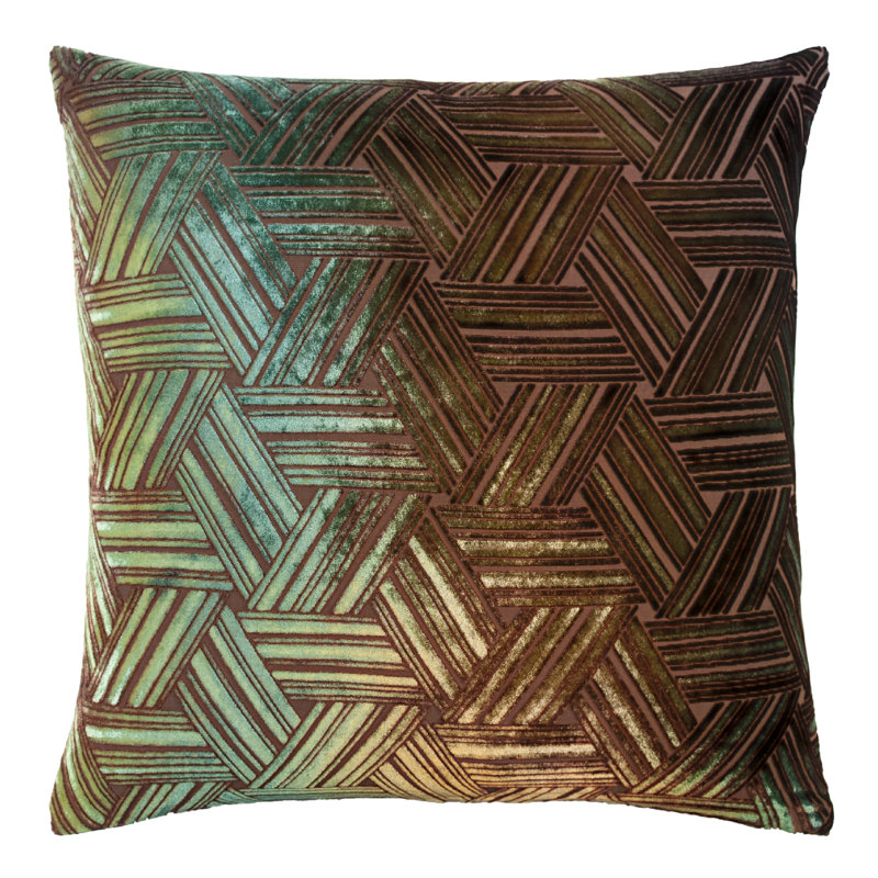 Entwined Square Velvet Pillow Cover & Insert, 18" x 18", Green/Gold/Brown