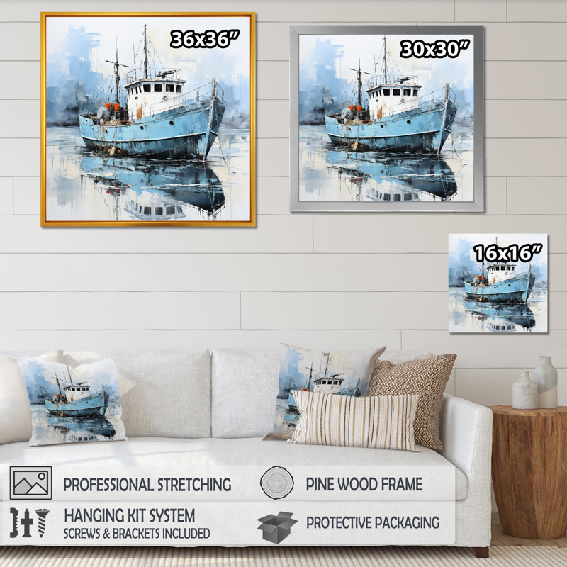 Bateau de pêche bleu et blanc III sur toile, H 36 po x l 36 po x P 1,5 po, Cadre photo noir