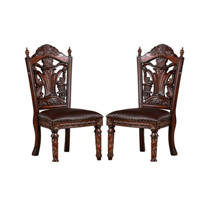 Traditional Dining Side Chairs, Dark Brown Color, Solid Wood Construction, Seats, Faux Carvings And Nailhead Trim Vintage Details Intricate Back Design In Cherry