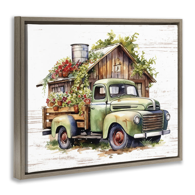 «Rustic Pickup with Greenery», art mural encadré flottant par lettré et doublé, Cadre flottant orme Montalcino