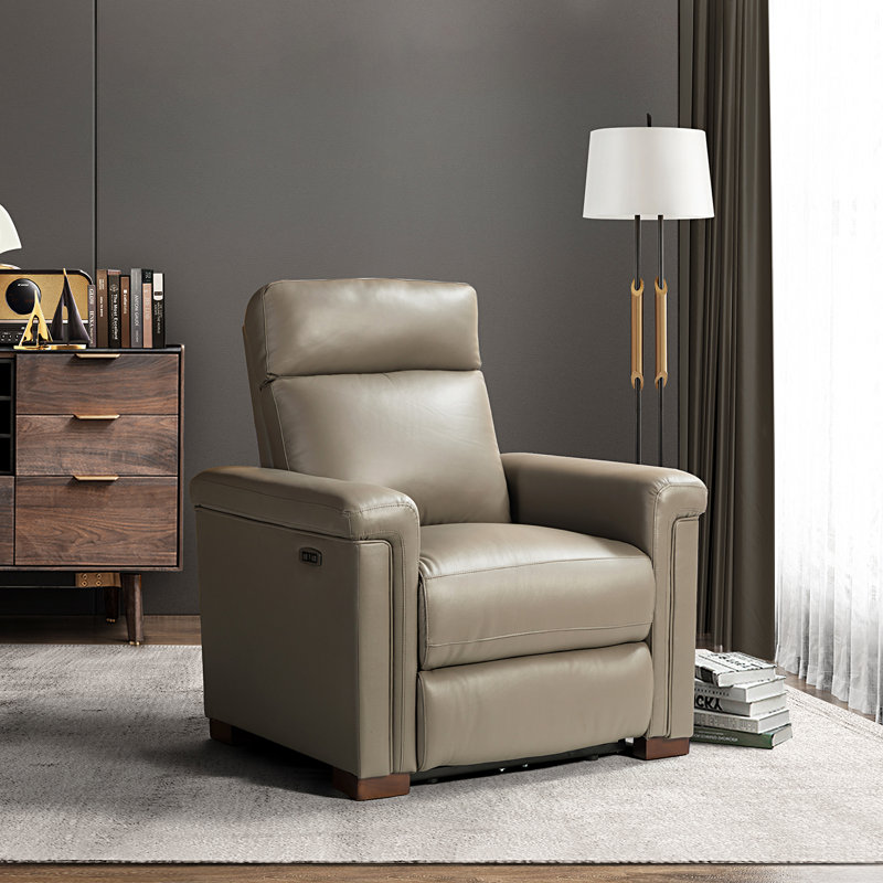 Westdale 36.02'' W Genuine Leather Power Standard Recliner with Solid Wood Legs, Dove