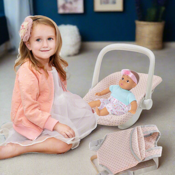 Teamson Kids Doll Car Seat Set Polka Dot Princess, Carrier & Car Seat, Pink