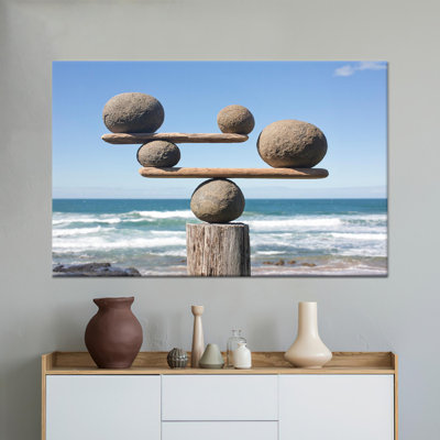 Reproduction d'art sur toile imprimée: décor de bureau moderne avec motif de pierres équilibrées, toiles à cadre doré 1P