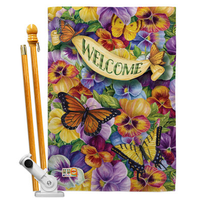 Pensées avec papillons polyester à 2 côtés 40 x 28 po ensemble de drapeau