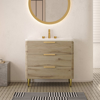 36'' Bathroom Vanity With Sink, Freestanding Curved Edges Plywood Bathroom Storage Cabinet With 3 Drawers, Carrara White Sintered Stone Integrated Basin, Pre-Assembled, White Oak Woodgrain Color