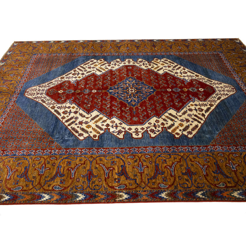 Tapis oriental tribal bleu à motif géométrique 8 pi 2 po x 11 pi 6 po