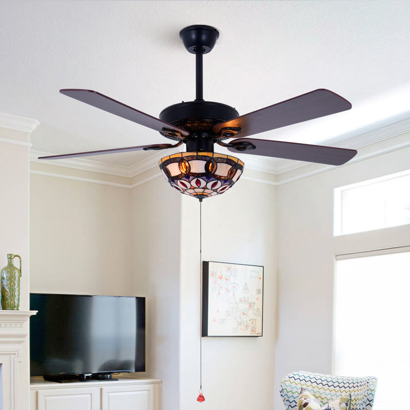 5-Blade Remote Controlled Ceiling Fan Tiffany Stained Glass