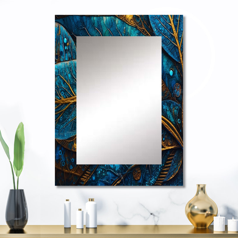 Bleu et or, mélodie de Boho I - miroir mural plume Boho, miroir décoratif traditionnel, impression d'art en métal