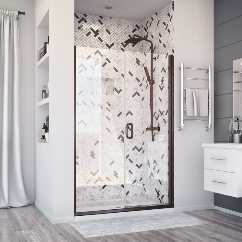 Porte de douche à charnière semi-sans cadre H 71,375 po Deluxe et panneau en bronze huilé Deluxe, Bronze huilé