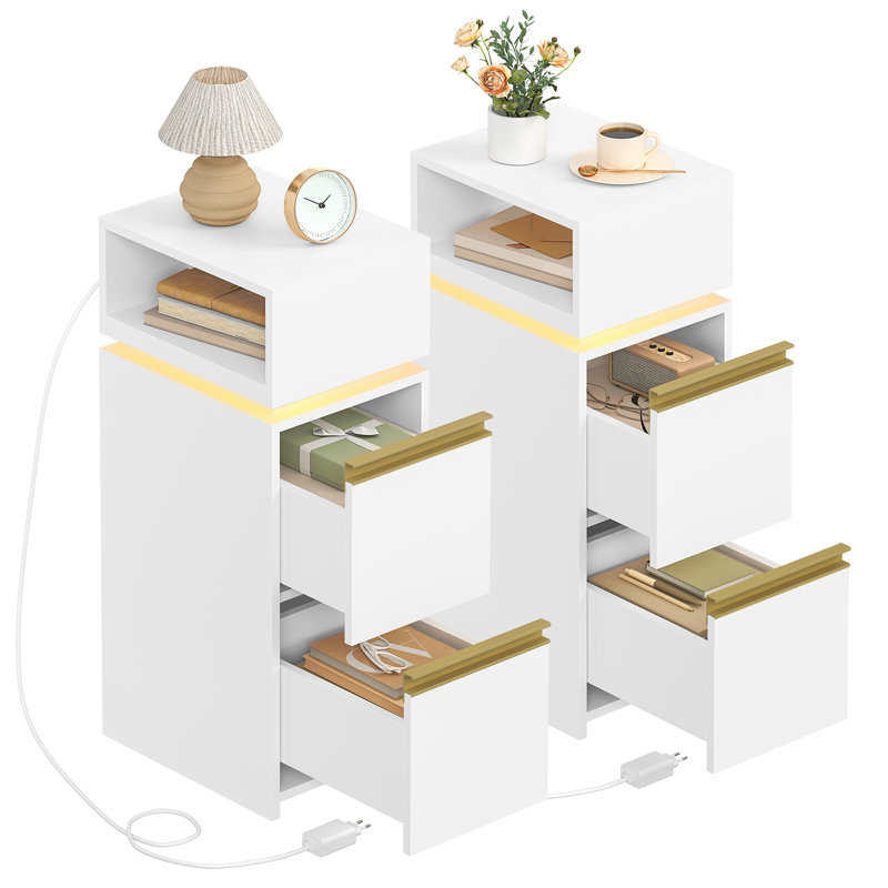 Slim Bedside Table, Set of 2, Bedside Cabinet with LED Lighting, Small Nightstand with 2 Drawers and 1 Open Space, Side Table, for Bedroom, Living Room, Modern, White 