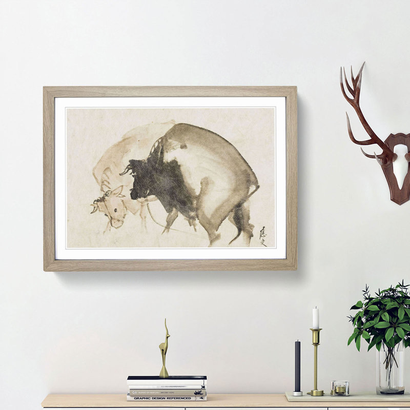 Two Bulls by Maruyama Okyo - Framed Print, 48cm H x 65cm W x 2cm D, Oak Framed