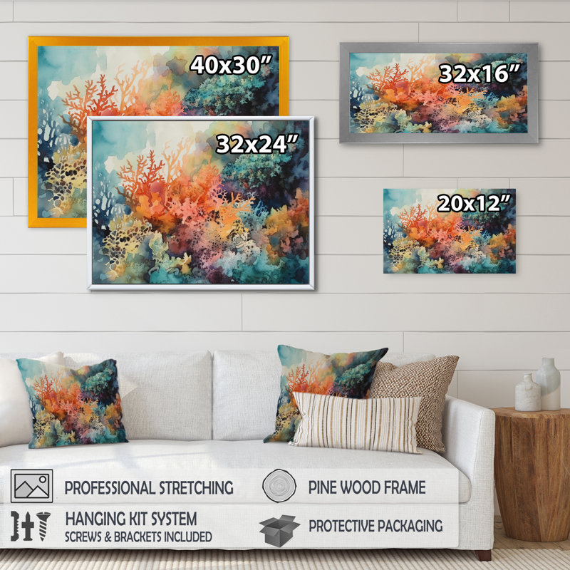 «Vibrant Coral Reef I - Modern Beach», art mural, H 12 po x l 20 po x P 1 po, Cadre flottant érable