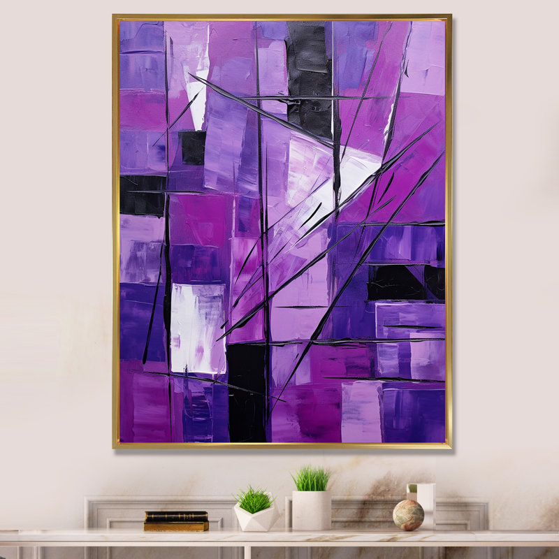 Tachisme mauve cubisme pinceau 1 - art mural Tachisme, Cadre flottant doré, H 32 po x l 24 po