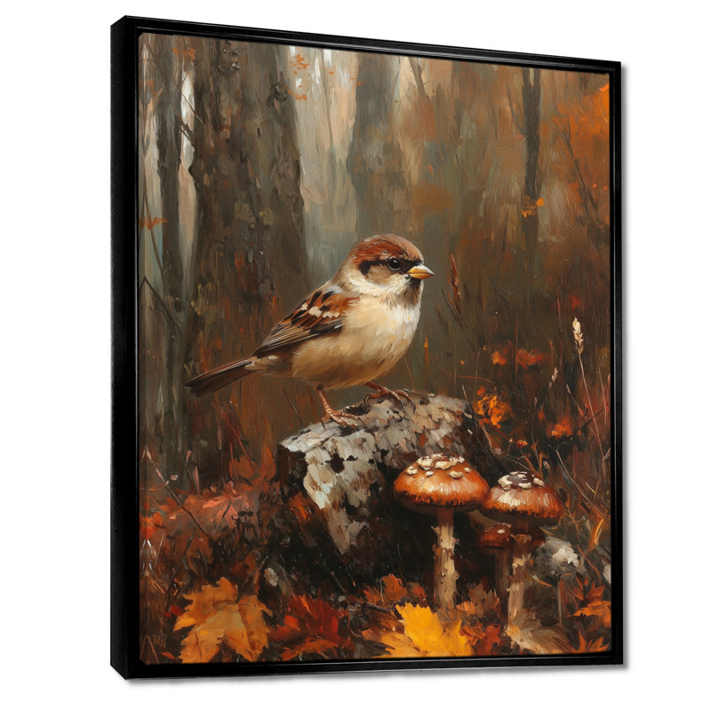 «Sparrow parmi les champignons sauvages», art mural sur toile, H 20 po x l 12 po, Reproduction avec cadre flottant, Noir