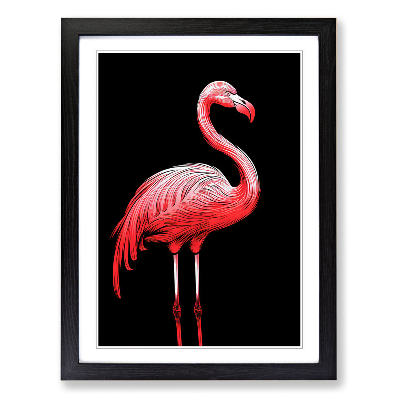 Flamingo Line No.2 - Single Picture Frame Print on Wood, Black Framed, 64cm H x 46cm W