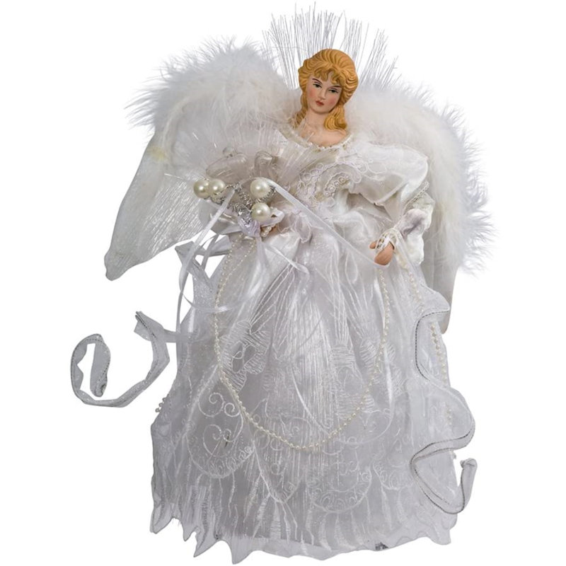 12-Inch White and Silver Fiber Optic Angel Tree Topper with Feather Wings