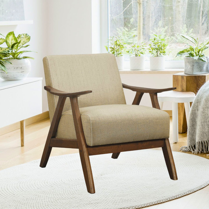 Ayzlee Upholstered Armchair, Fabric Accent Chair with Cushion Back, Retro Cushion Armchair with Solid Wood Arms and Legs for Living Room Home Office