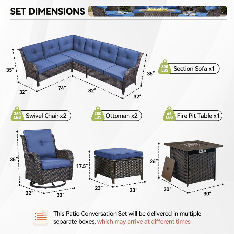 Ensemble de conversation pour patio pour 7 personnes Carolina Wicker avec coussins et foyer, Bleu, Brun