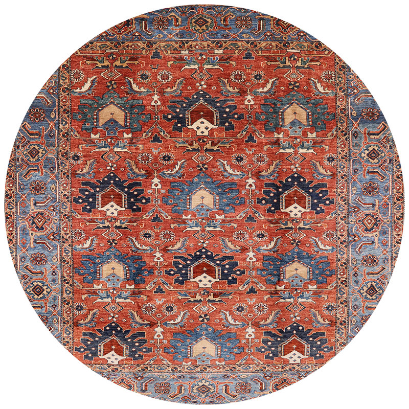 Tapis oriental rouge et bleu, Rond 7 pi