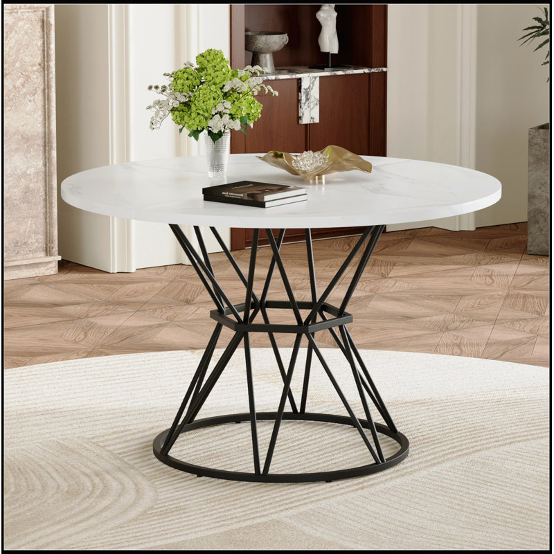 Table de salle à manger circulaire avec motif en marbre blanc pour 4 à 6 personnes