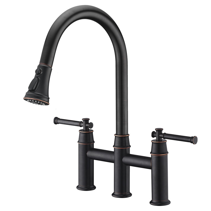 Pull Down Bridge Kitchen Sink Faucet, Two Handle Kitchen Faucet, Oil Rubbed Bronze