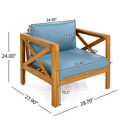 Wood Club Armchair With Blue Waterproof Cushions, Finish, Elegant For Outdoor Patio Conversations Weather - , Fits Any Setting