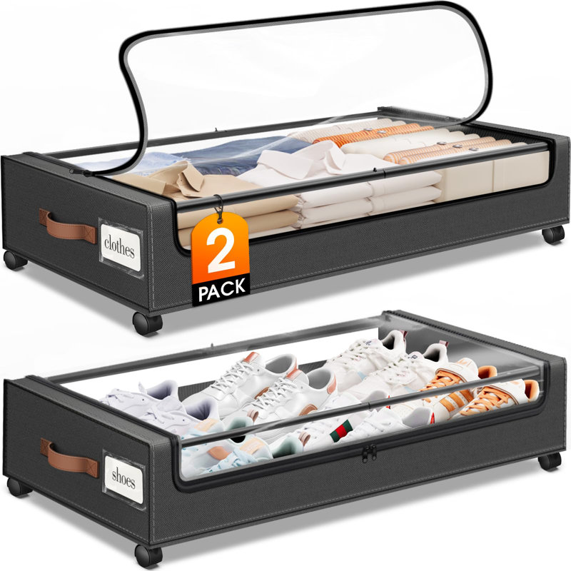Under Bed Storage With Wheels 2Pack Storage Containers With Clear Window&Label Under Bed Drawers Rolling Under Bed Storage For Clothes,Shoes, Blankets