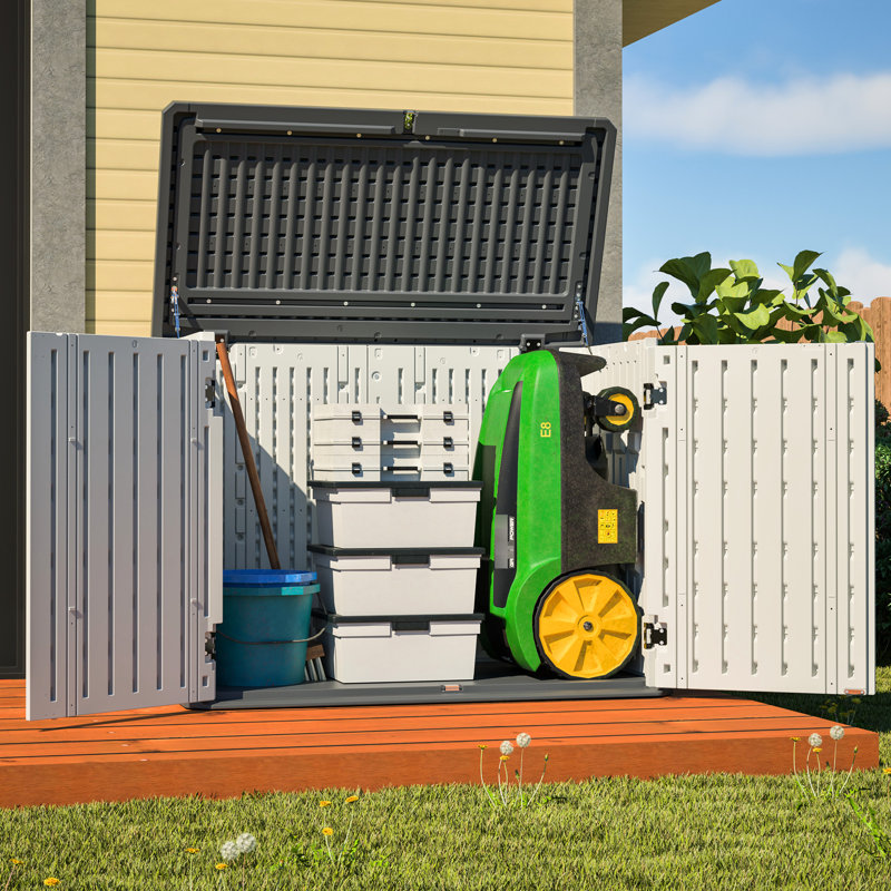 Horizontal Storage Shed White 28 Cu.ft Weather - Outdoor Unit Thick Plastic For Patio Backyard Garden With Self Aligning Magnetic Door Lock Closure System