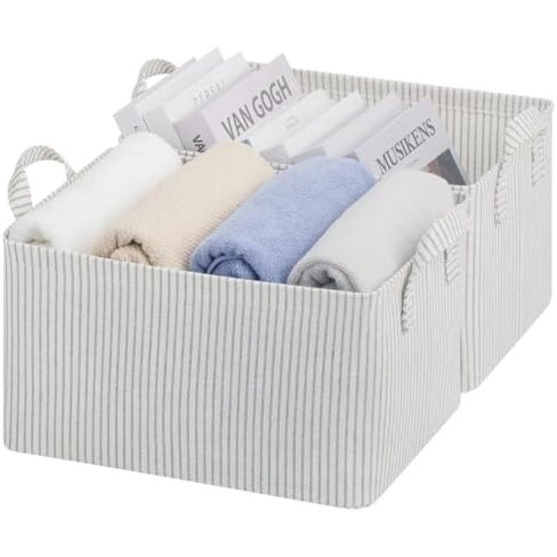 Bacs de rangement, bacs de rangement en tissu pour tablettes, paniers de rangement avec cadre en métal, paniers de placard et bacs avec poignées, rayures kaki et beige, paquet de 2
