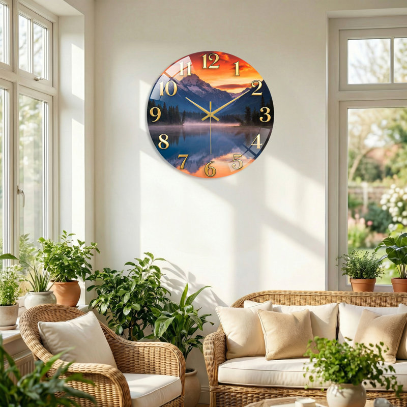 "Mountain Lake", horloge murale en verre, 60 x 60 cm (23,6 x 23,6 pouces)