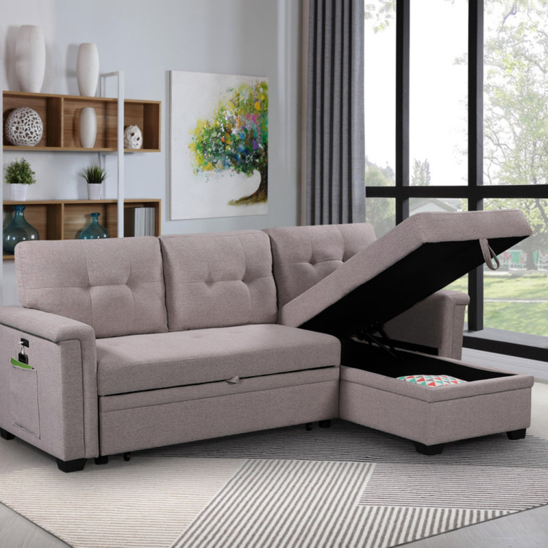 Reversible Sleeper Sectional Sofa With Storage Chaise, USB Charging Ports And Pocket, Light Gray