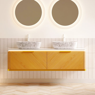 Meuble-lavabo 60 po et lavabo, armoire de rangement flottante en contreplaqué, 2 lavabos en céramique effet marbre avec comptoir en pierre frittée, pré-assemblé, couleur grain de bois espresso