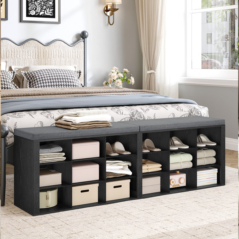 Banc de rangement pour chaussures avec coussin, armoire de rangement pour le hall d'entrée, long casier pour le salon, la chambre à coucher, le vestibule, blanc