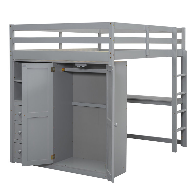 Wood  Loft Bed With Built-In Wardrobe