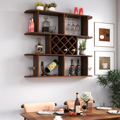 Support à vin mural multifonctionnel à 3 niveaux avec support en verre pour tablette de bar à la maison, panneau de particules en noyer, 46,47 po de profondeur, 8,84 de largeur, 39,95 de hauteur, 50,6 lb de poids