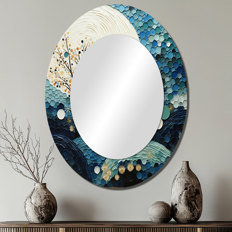 Miroir décoratif ovale abstrait en métal bleu sarcelle Mid Century Minimalist Rain II, 40 po x 30 po