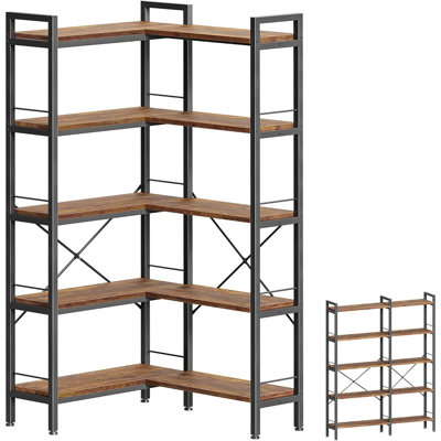 Bibliothèque d'angle en L avec 10 tablettes ouvertes, bibliothèque droite de 49,4 po de largeur avec structure en métal et planches de bois, pieds réglables - brun rustique