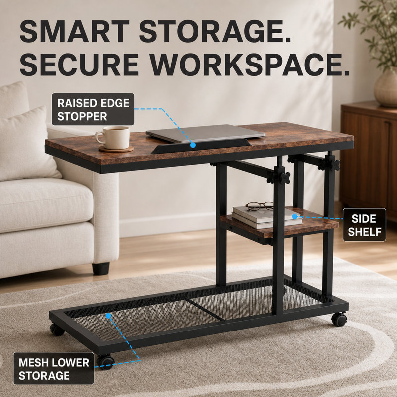 Table d'appoint en forme de C, réglable en hauteur (80 cm), avec roulettes et plateau inclinable.