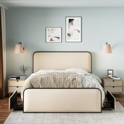 King Size Modern Bed Frame With All - Metal Structure, 4 Under Drawers, Beige Upholstered, 800 Lbs Capacity Heavy Duty Slats, Skin Linen,