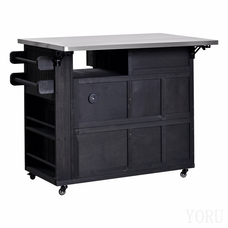 Îlot de cuisine extensible en bois massif d'extérieur 19,3 po / 28 po, table de gril supérieure en acier inoxydable avec support à épices latéral, chariot de cuisine avec tiroirs, armoire de rangement pour la cour arrière, barbecue, fête, gris
